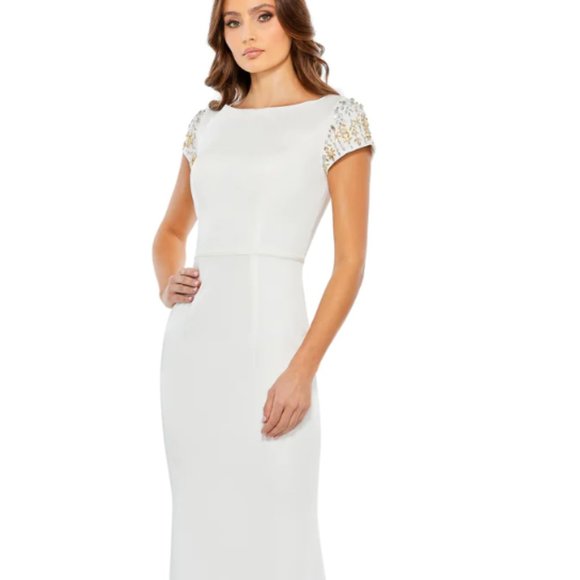 MAC DUGGAL BEADED CAP SLEEVE BATEAU COLUMN WHITE GOWN sz 8 - Picture 1 of 5